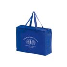 Blue zippered tote bag with handles and white logo text on the front.