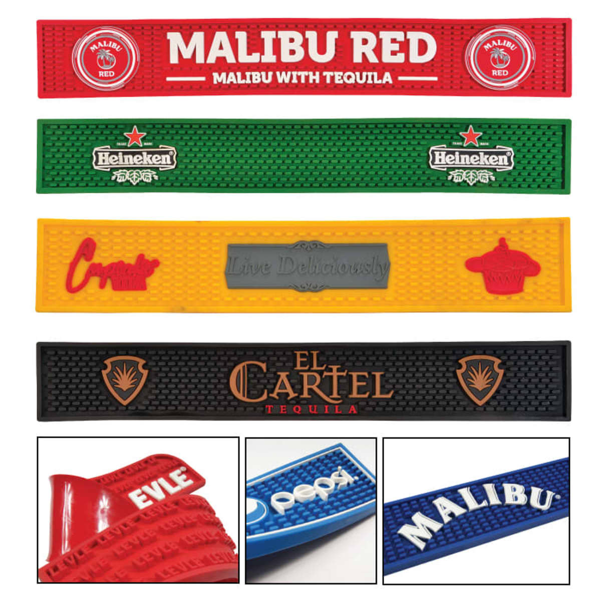 Four colorful branded bar mats and three close-up shots of bar mats with different logos.