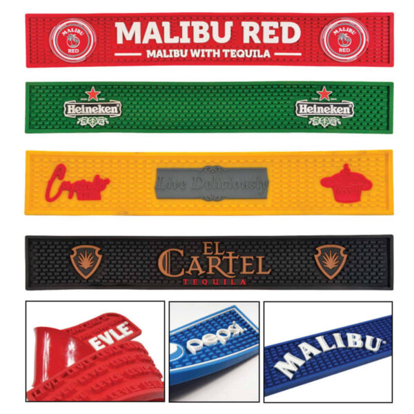 Colorful branded bar mats with various drink logos and embossed lettering, shown in rows.