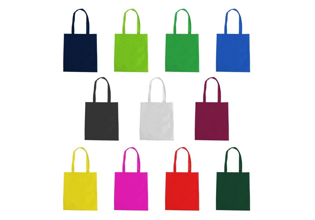 Twelve tote bags in various colors arranged in three rows on a white background.