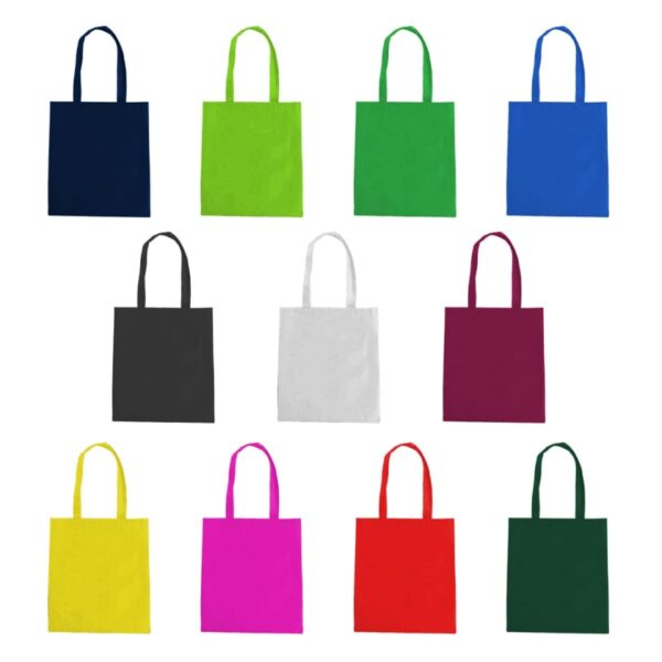 Twelve tote bags in different colors arranged in three rows on a white background.