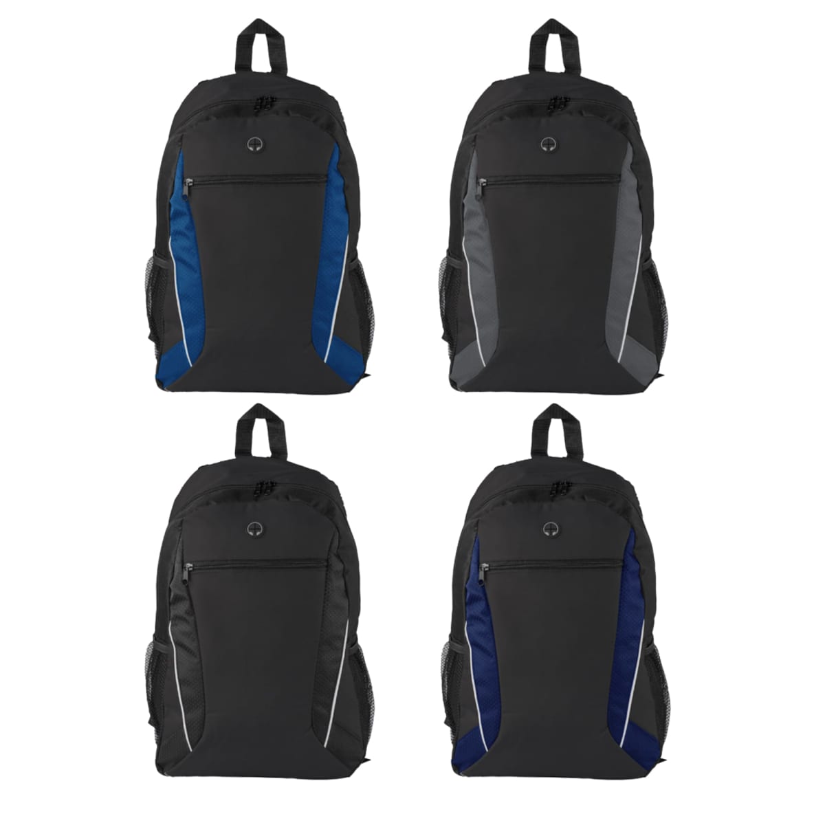 Four black backpacks with different colored side panels: blue, gray, black, and navy blue.