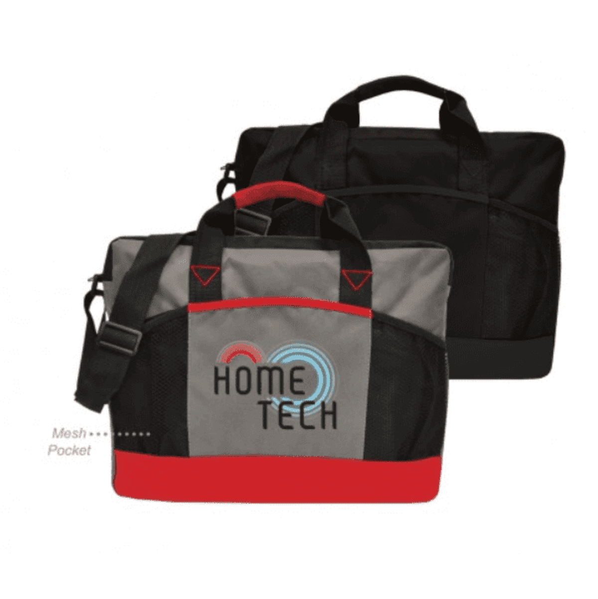 Two laptop bags, one gray with red accents and Home Tech logo, one solid black.