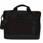 Black laptop bag with handles and an adjustable shoulder strap, front mesh pockets visible.
