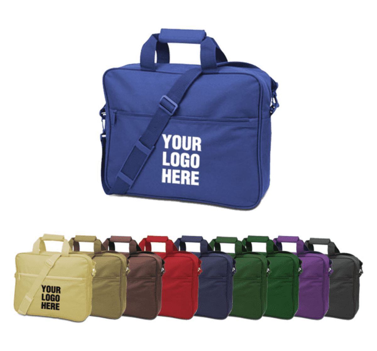 Nine colorful briefcases with Your Logo Here printed on the front, displayed in a row.