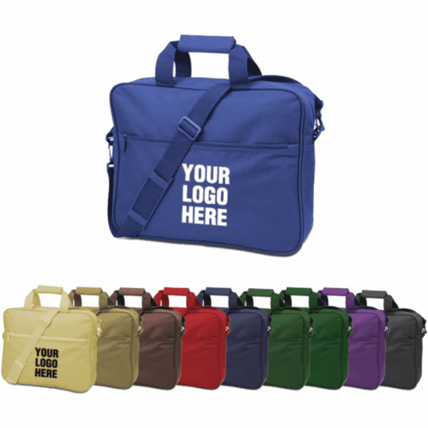 Nine colored messenger bags with Your Logo Here text, displayed in a row and stacked.