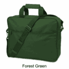 Forest green laptop bag with shoulder strap and handles, front zip pocket visible.