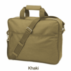 Khaki-colored messenger bag with handles and a shoulder strap.