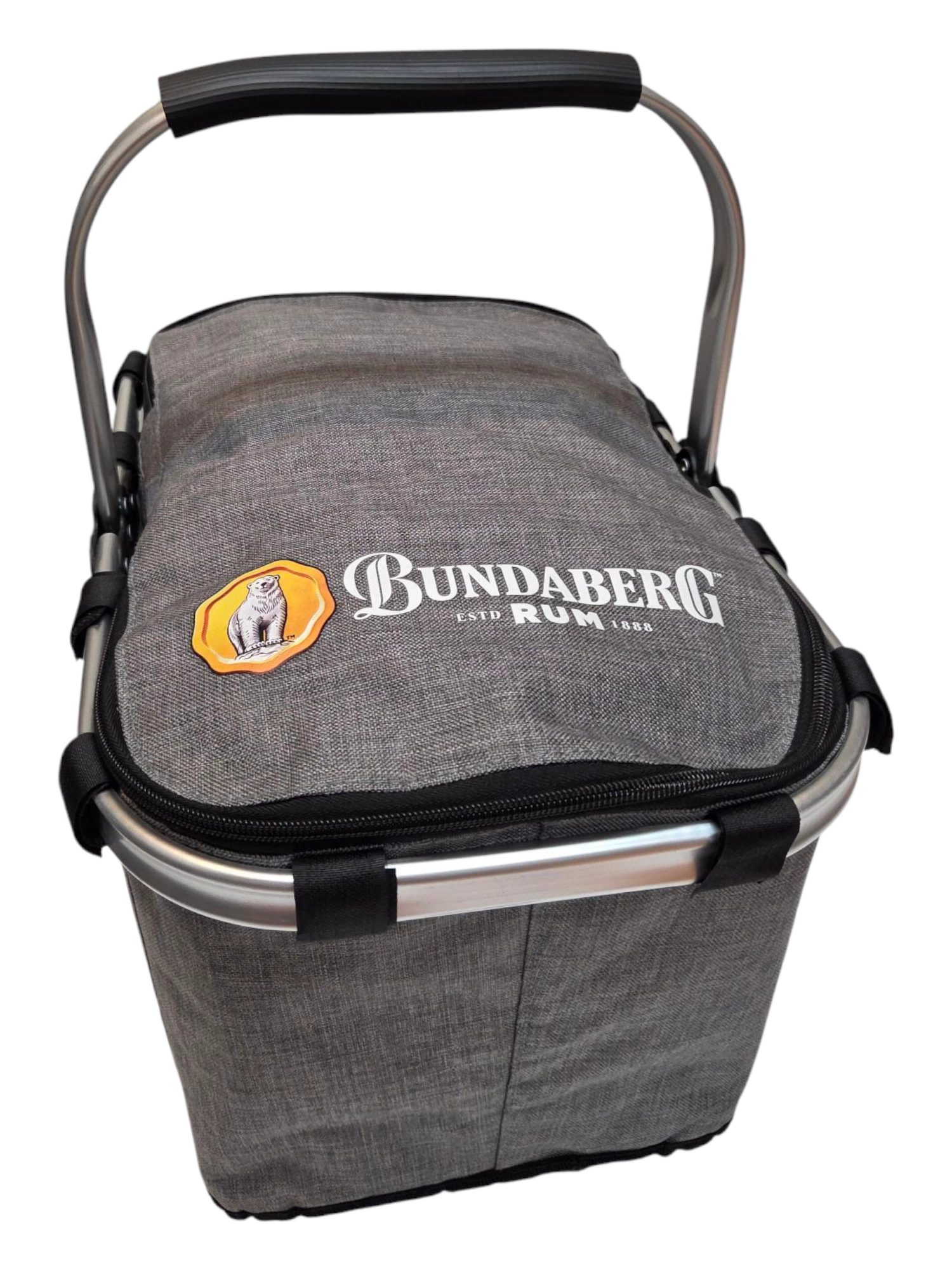 grey cooler bag with a logo