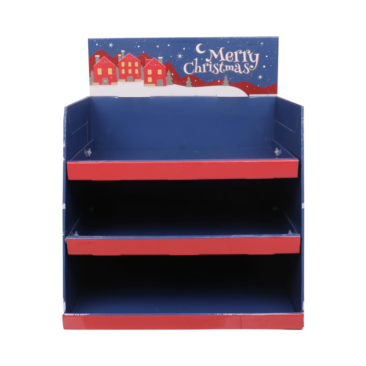 Empty blue and red Christmas-themed display shelf with Merry Christmas on the top.