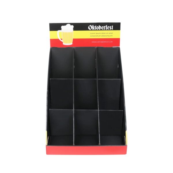 Empty Oktoberfest-themed cardboard display box with nine compartments, front view.