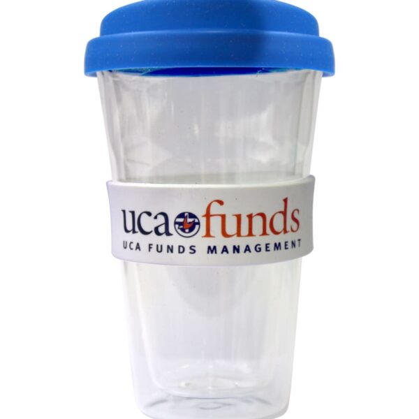 Clear reusable cup with blue lid and UCA Funds Management logo on a white band around the middle.