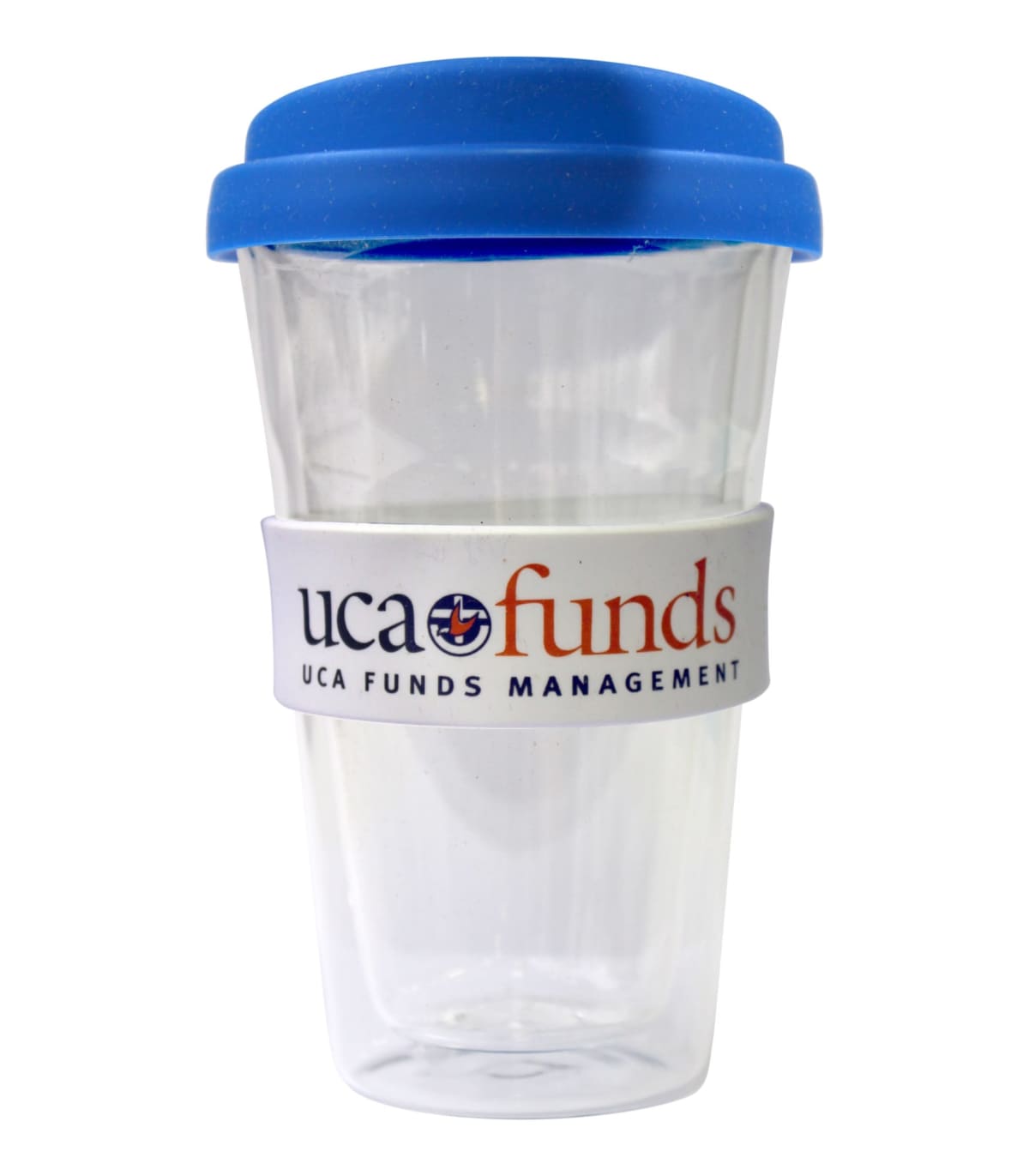 Clear reusable cup with blue lid and uca funds logo on a white silicone band.
