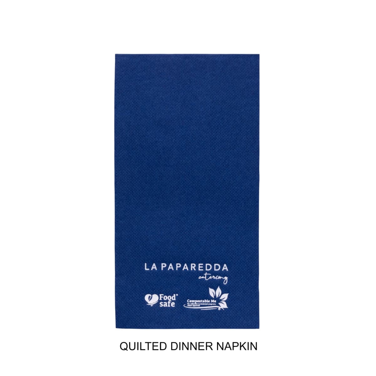 A blue quilted dinner napkin with white printed logos and text.