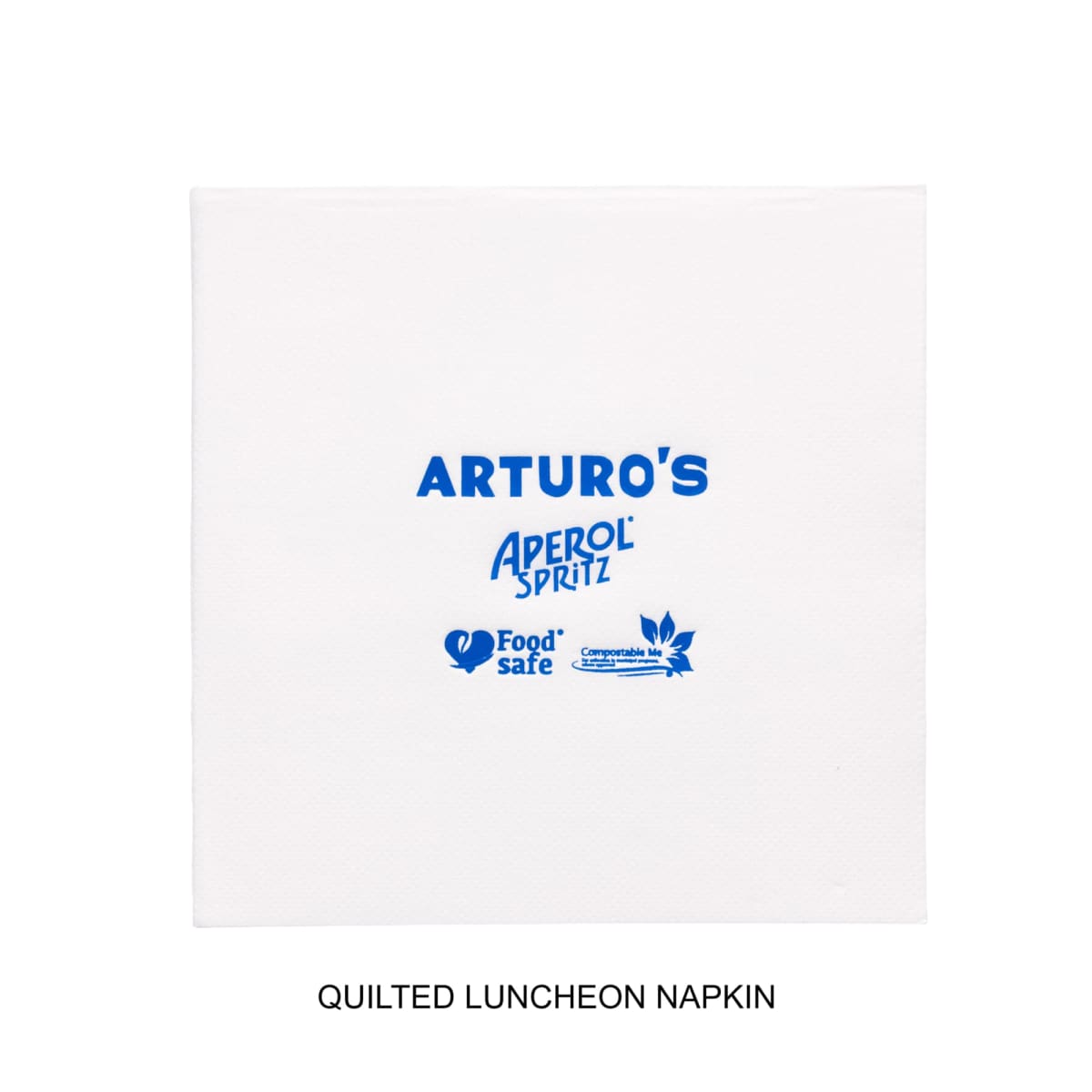 White napkin with blue ARTUROS Aperol Spritz and food safe symbols printed on it.