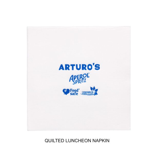 White napkin with blue text reading ARTUROS Aperol Spritz and food safety symbols.