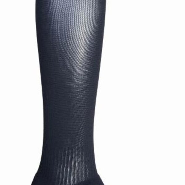 A single black knee-high sock with a folded cuff against a white background.