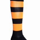 Knee-high sock with orange and black horizontal stripes on a white background.