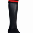 A black knee-high sock with two red stripes near the top.