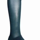Dark green knee-high sock with yellow and green stripes at the top, shown on a plain background.