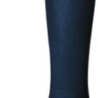 A single long, dark blue sock with a folded cuff at the top.