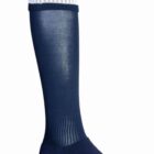 Navy blue knee-high sock with two white stripes at the top.