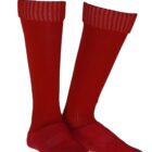 A pair of long, plain red socks with ribbed cuffs.