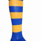 Knee-high sock with alternating blue and yellow horizontal stripes.