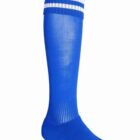 A blue knee-high sock with two white stripes near the top.