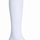 A single, plain white knee-high sock against a white background.
