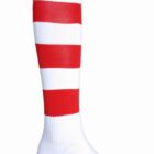White knee-high sock with wide horizontal red and white stripes around the calf area.
