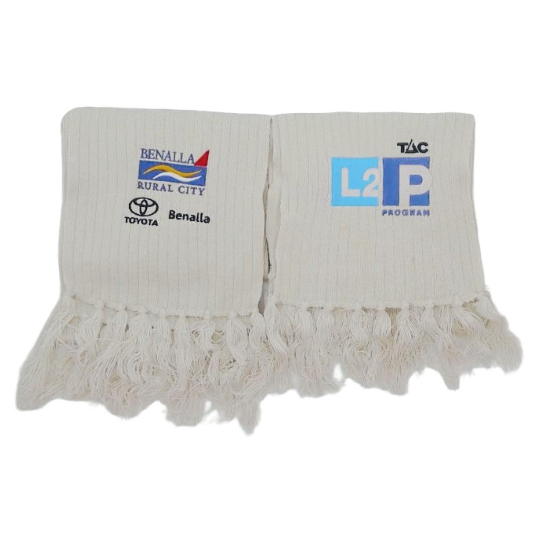 White scarf with fringes, featuring Benalla and L2P Program logos in color.