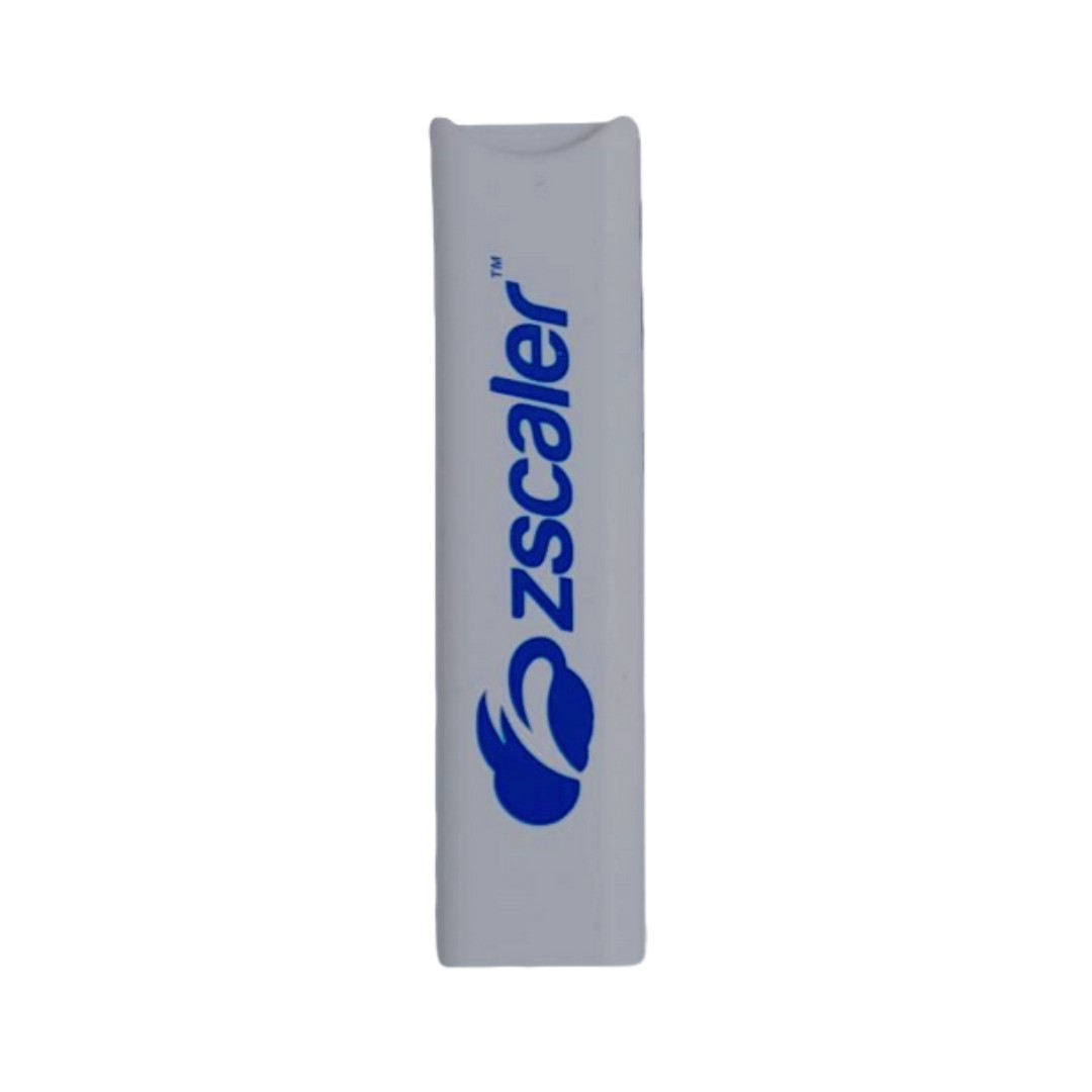 White rectangular item with the blue Zscaler logo and text printed vertically.