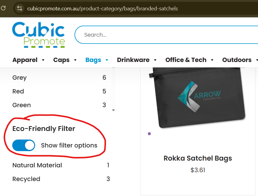 screenshot of our website that shows our "eco friendly buttons"