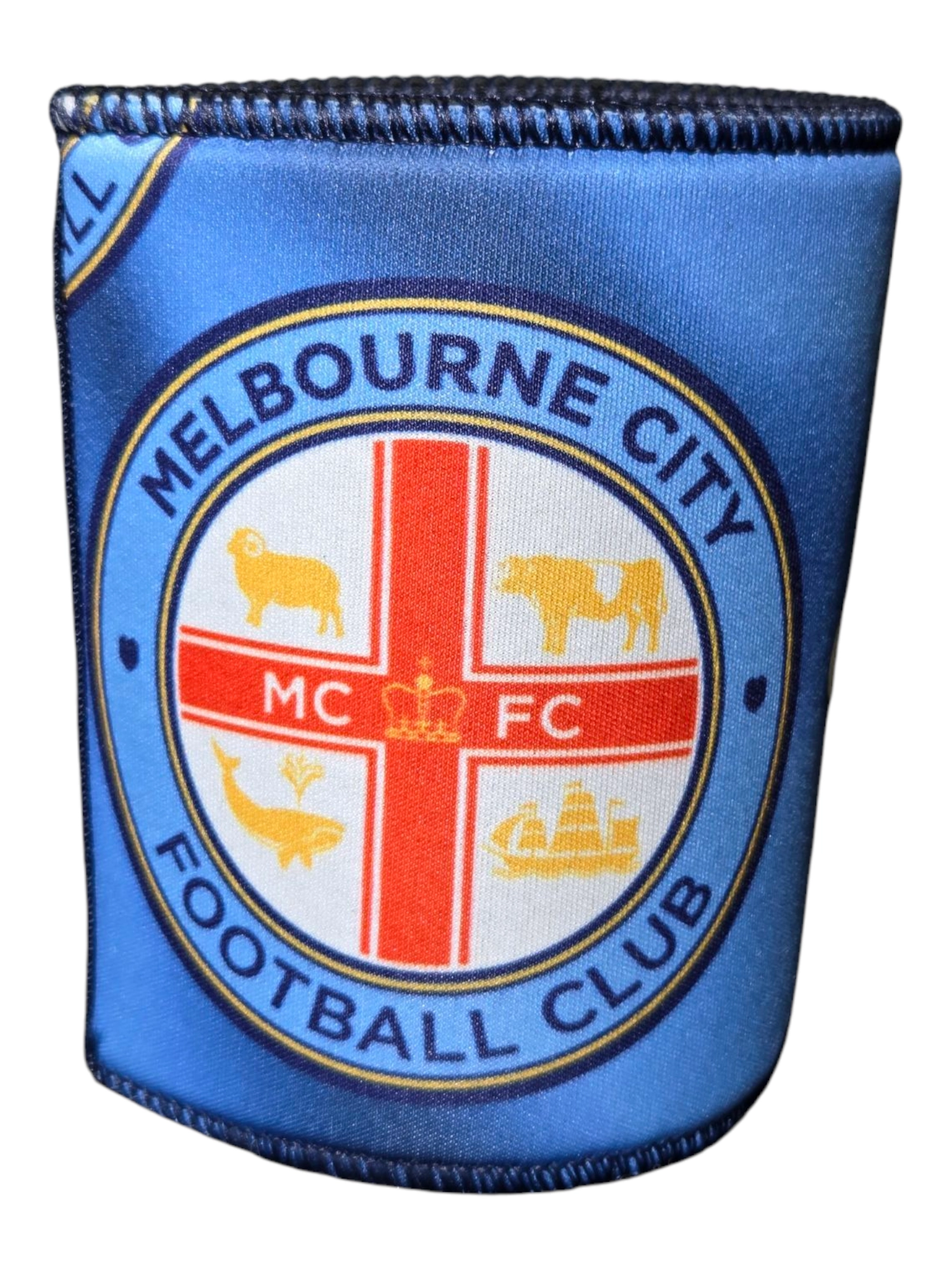A blue Melbourne City Football Club can cooler with the team logo and emblem.