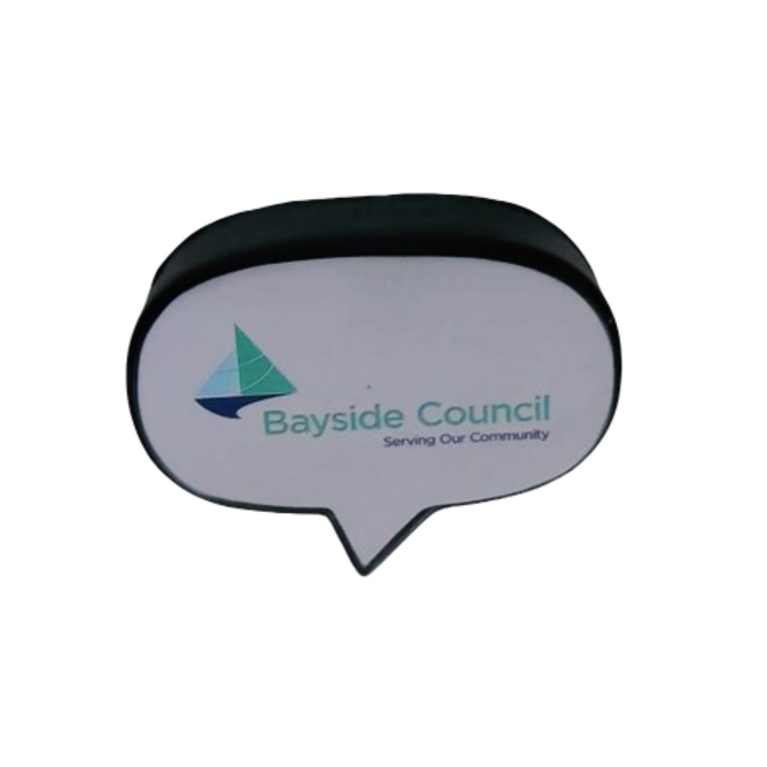 Speech bubble with Bayside Council logo and Serving Our Community text inside.