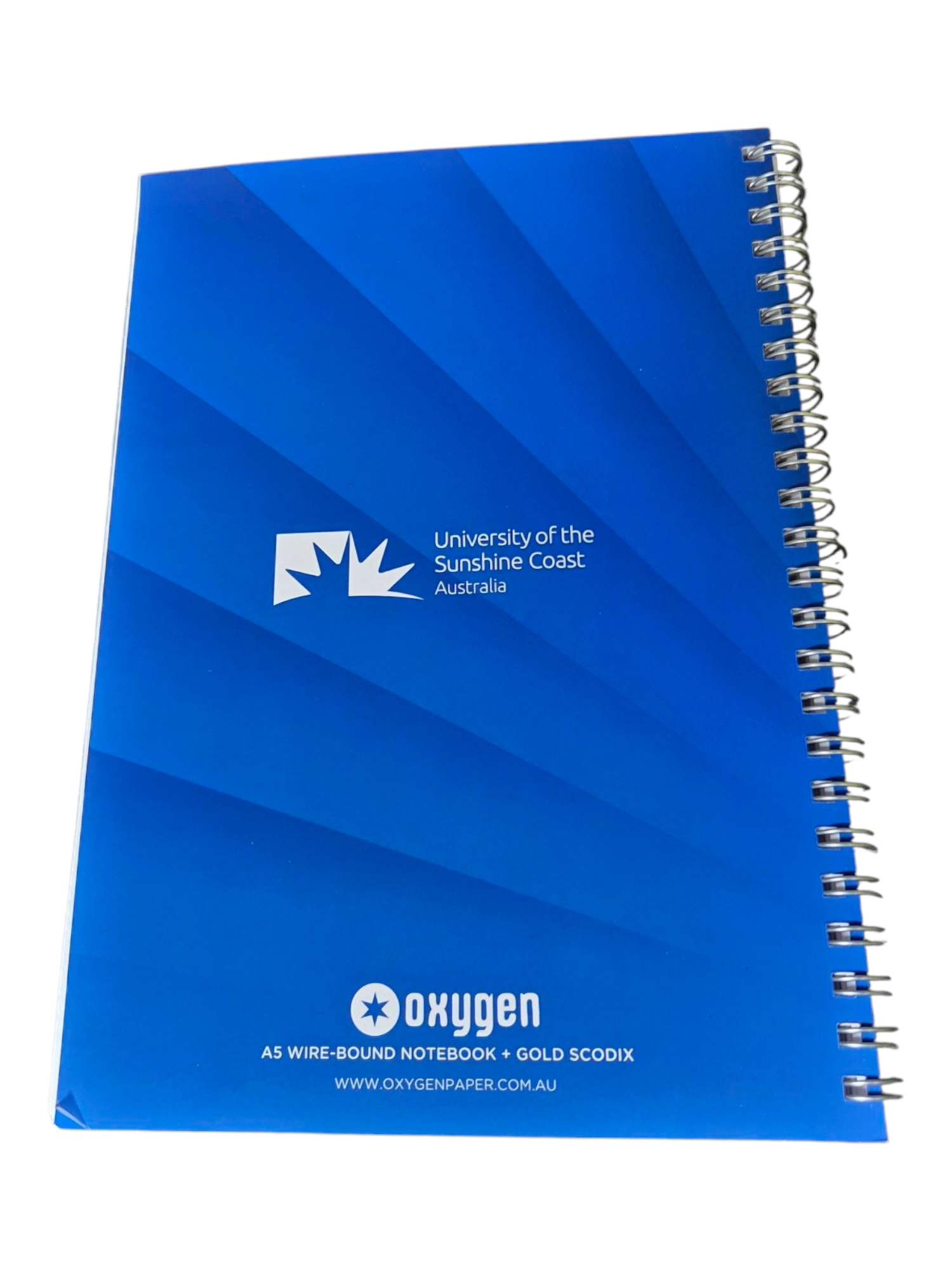 Blue spiral-bound notebook with USC, Oxygen branding—ideal notebooks for business use.