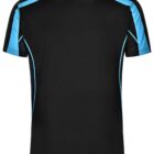 Black short-sleeve t-shirt with light blue shoulder and side panel accents.