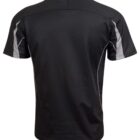 Black short-sleeve athletic shirt with gray accents, viewed from the back.