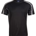 Black short-sleeve athletic shirt with gray shoulder stripes and mesh side panels.