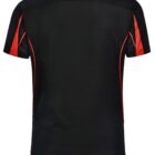 Back view of a black short-sleeve shirt with red accents on the sides and sleeves.