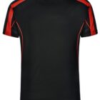 Black short-sleeve t-shirt with red accents on the shoulders and sides.