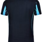 Navy blue short-sleeve shirt with light blue stripes on the shoulders and sides, back view.