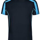 Black t-shirt with light blue stripes on the shoulders and sides, displayed on a plain background.