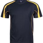 Black short-sleeve t-shirt with yellow stripes on the shoulders and sides.