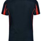 Back view of a black short-sleeve shirt with red accents on the sides and sleeves.