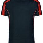 Black short-sleeved t-shirt with red accents on the shoulders and sleeves.