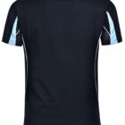 Back view of a short-sleeve black shirt with light blue and white side stripes.