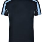 Black short-sleeved shirt with light blue stripes on shoulders and sides, front view.