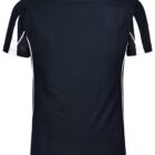 Back view of a black short-sleeve shirt with white stripes on the sleeves and sides.